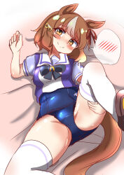 1girl absurdres animal_ears belno_light_(umamusume) blue_one-piece_swimsuit blush brown_hair commentary_request feet_out_of_frame hair_ornament highres horse_ears horse_girl horse_tail letter_hair_ornament looking_at_viewer lying multicolored_hair nose_blush one-piece_swimsuit purple_shirt sailor_collar school_swimsuit school_uniform serafuku shirt short_hair solo spoken_blush spread_legs summer_uniform swimsuit swimsuit_under_clothes taiga_masato tail thighhighs tracen_school_uniform umamusume umamusume:_cinderella_gray white_hair white_sailor_collar white_thighhighs wide_spread_legs