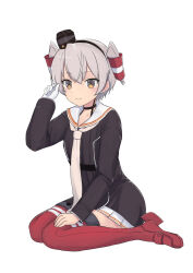 Rule 34 | 1girl, alternate hair length, alternate hairstyle, amatsukaze (kancolle), amatsukaze kai ni (kancolle), black dress, blush, brown eyes, collarbone, dress, garter straps, gloves, grey hair, hair tubes, highres, kantai collection, long sleeves, looking at viewer, neckerchief, red thighhighs, sailor collar, sailor dress, short hair, simple background, single glove, sitting, smile, smokestack hair ornament, solo, thighhighs, two side up, wariza, white gloves, white sailor collar, yuki 4040