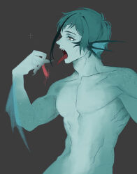 1boy blue_hair blue_skin claws colored_skin commentary_request eel_boy fins floyd_leech gills grey_background grey_eyes hand_up head_fins male_focus monster_boy munmun0_0 open_mouth sharp_teeth short_hair shrimp simple_background solo teeth toned toned_male tongue tongue_out twisted_wonderland upper_body