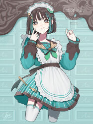1girl absurdres aegyo_sal apron bow bowtie brown_eyes brown_hair candy chocolate chocolate_bar dress eyelashes food fork garter_straps hair_ornament hairclip highres long_sleeves looking_at_viewer maid maid_apron maid_headdress makeup multicolored_hair original rouge_(makeup) sailor_collar signature solo streaked_hair tongue tongue_out white_apron yoruse