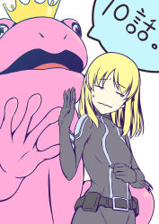 1girl averting_eyes belt belt_buckle black_belt black_bodysuit blonde_hair bodysuit buckle cayna_(leadale_no_daichi_nite) closed_mouth commentary_request crown elf frog gold_crown green_eyes hand_up highres leadale_no_daichi_nite medium_hair official_art parted_bangs pointy_ears simple_background small_sweatdrop speech_bubble tenmaso translation_request wavy_mouth white_background