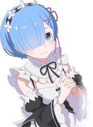 1girl apron black_sleeves blue_eyes blue_hair bob_cut breasts cleavage closed_mouth detached_sleeves hair_ornament hair_over_one_eye hair_ribbon interlocked_fingers light_blush long_sleeves looking_at_viewer maid maid_headdress medium_breasts official_art own_hands_clasped own_hands_together pink_ribbon re:zero_kara_hajimeru_isekai_seikatsu re:zero_kara_hajimeru_isekai_seikatsu_witch&#039;s_re:surrection rem_(re:zero) ribbon roswaal_mansion_maid_uniform short_hair simple_background smile solo transparent_background waist_apron white_apron x_hair_ornament