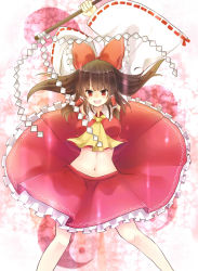 1girl arms_up ascot brown_hair crop_top female_focus gohei hakurei_reimu haraegushi highres midriff mimoto_(aszxdfcv) navel oonusa red_eyes sash solo touhou wide_sleeves