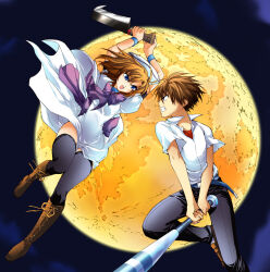 1boy 1girl baseball_bat battle beret blue_eyes boots bow brown_footwear brown_hair cleaver dress duel fighting hashitsuki_nata hat higurashi_no_naku_koro_ni knee_boots lace-up_boots maebara_keiichi moon nata_(tool) night night_sky official_art open_mouth orange_hair ryuuguu_rena school_uniform short_hair short_sleeves sky suzuragi_karin thighhighs tsumihoroboshi-hen weapon