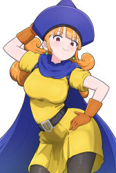 Rule 34 | 1girl, absurdres, alena (dq4), arakurei2024, belt, black pantyhose, blue cape, blue hat, breasts, cape, dragon quest, dragon quest iv, dress, earrings, flipped hair, gloves, hand on own hip, hashtag-only commentary, hat, highres, jewelry, looking at viewer, orange gloves, pantyhose, red eyes, red hair, simple background, smile, solo, white background, yellow dress