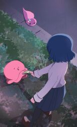 1other 2girls alien banknote black_pantyhose blue_hair blue_skirt bocchi_the_rock! brown_shoes colored_skin commentary_request crossover giving gotoh_hitori gotoh_hitori_(octopus) grass h14_drawing highres long_sleeves money multiple_girls octopus pantyhose pink_skin pleated_skirt road shirt shoes short_hair skirt standing takopii takopii_no_genzai white_shirt yamada_ryo