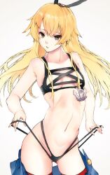 1girl anchor bikini black_bikini blonde_hair breasts brown_eyes grey_background hairband kantai_collection long_hair looking_at_viewer magai_akashi meme_attire multi-strapped_bikini_bottom multi-strapped_bikini_top navel pale_skin rei_no_mizugi revision shimakaze_(kancolle) skirt small_breasts solo swimsuit