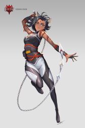 1girl animal_ears black_hair black_shirt chain chain_whip character_name closed_mouth commentary copyright_logo copyright_name dark-skinned_female dark_skin ear_piercing english_commentary eyelashes full_body grey_background highres holding holding_whip official_art pants piercing roosterteeth rwby shirt short_hair sienna_khan signature simple_background sleeveless sleeveless_shirt smile solo tiger_ears tiger_girl tiger_stripes uyalago weapon whip yellow_eyes