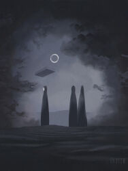 3others black_cloak black_cloud black_sand cloak cloud cloudy_sky dkaism eclipse faceless greyscale monochrome mountainous_horizon multiple_others original painterly people sand silhouette sky standing sun_halo