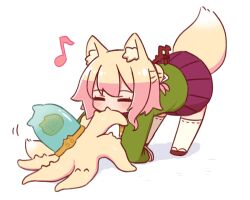 Rule 34 | 2girls, all fours, animal ear fluff, animal ears, blonde hair, blush, brain, closed eyes, commentary request, fox ears, fox girl, fox tail, green shirt, hair bun, hair ornament, hair stick, highres, kemomimi-chan (naga u), long sleeves, miniskirt, monster hunter (series), monster hunter wilds, multiple girls, musical note, naga u, nu udra (armor), original, pleated skirt, purple skirt, revision, ribbon trim, rompopolo (armor), shadow, shirt, short hair, simple background, skirt, sleeves past fingers, sleeves past wrists, tail, thighhighs, white background, white thighhighs