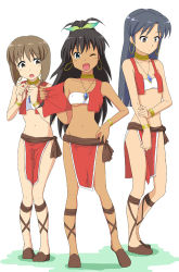 3girls bracelet breast_envy breasts cosplay earrings empty_eyes flat_chest fushigi_no_umi_no_nadia ganaha_hibiki hagiwara_yukiho hoop_earrings idolmaster idolmaster_(classic) jewelry kisaragi_chihaya kozou_(rifa) multiple_girls nadia_la_arwall_(cosplay) neck_rings necklace one_eye_closed vest wink