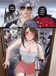 ! 1girl 3boys absurdres alien_stage aviator_sunglasses bags_under_eyes bakugou_katsuki bare_arms bare_shoulders bedroom black_mask black_vest blush boku_no_hero_academia book bouquet breasts brown_eyes brown_hair bulging_eyes bungou_stray_dogs camisole cardboard_cutout cleavage cloud_strife collared_shirt dazai_osamu_(bungou_stray_dogs) demon_horns embarrassed final_fantasy final_fantasy_vii flower fujoshi furrowed_brow grey_hair half-closed_eyes highres holding holding_book holding_bouquet hood hood_up horns ivan_(alien_stage) kieran_(love_and_deepspace) long_hair love_and_deepspace luke_(love_and_deepspace) medium_breasts midoriya_izuku multiple_boys nakahara_chuuya_(bungou_stray_dogs) open_door open_mouth parted_bangs parted_lips pink_shoes pnk_crow poster_(object) protagonist_(love_and_deepspace) red_eyes red_flower red_rose rose sephiroth shirt shoes short_hair sleep_mask smile sparkle spoken_exclamation_mark stuffed_animal stuffed_rabbit stuffed_toy sunglasses sweatdrop swept_bangs sylus_(love_and_deepspace) tentacle_sex tentacles upper_body vest white_camisole white_shirt yaoi