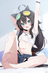 1girl ahoge armpits arms_up barefoot black_hair blue_eyes blush breasts character_request denim denim_shorts deyui fang goggles goggles_on_head hair_between_eyes highres knee_up long_hair looking_at_viewer navel open_mouth shirt shorts sitting skin_fang small_breasts solo stella_sora sweat tied_shirt toes underboob white_shirt