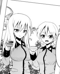 2girls aged_down braid breasts bush closed_mouth commentary_request cup darjeeling_(girls_und_panzer) earl_grey_(girls_und_panzer) girls_und_panzer greyscale holding holding_cup jacket kamishima_kanon large_breasts long_hair monochrome multiple_girls open_mouth photo_(object) pocket smile st._gloriana&#039;s_military_uniform teacup