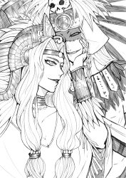 Rule 34 | 1boy, 1girl, 24621898, absurdres, aztec, breasts, brother and sister, cleavage, evil grin, evil smile, fate/grand order, fate (series), greyscale, grin, headdress, highres, large breasts, looking at another, monochrome, poncho, quetzalcoatl (fate), siblings, smile, tezcatlipoca (fate), tezcatlipoca (third ascension) (fate)