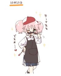Rule 34 | 1girl, ;d, apron, black apron, black socks, blue skirt, blunt bangs, blush stickers, collared shirt, commentary request, cropped legs, facial hair, green eyes, hair bobbles, hair ornament, hand on own hip, heart, highres, holding, holding paintbrush, long sleeves, looking at viewer, mustache, namori, one eye closed, open mouth, paintbrush, pink hair, pleated skirt, shirt, short hair, simple background, skirt, smile, socks, solo, sparkle, translation request, twintails, white background, white shirt, yoshikawa chinatsu, yuru yuri