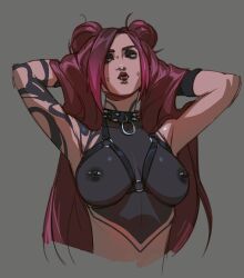 Rule 34 | absurdres, adjusting clothes, arm tattoo, armpits, arms behind head, arms up, black collar, black eyes, black eyeshadow, black skin, blackout tattoo, breast tattoo, breasts, bridge piercing, cheek pinching, chest harness, collar, colored skin, cropped torso, double bun, eyeshadow, face piercing, goth fashion, grey background, hair bun, harness, highres, large breasts, league of legends, lip piercing, lip ring, makeup, neck tattoo, nipple bar, nipple piercing, nose piercing, nose ring, nude, o-ring, o-ring harness, official alternate costume, pentakill (league of legends), pentakill sona, piercing, pinching, red hair, red lips, shoulder tattoo, simple background, sona (league of legends), spiked collar, spikes, tattoo, treslech3s
