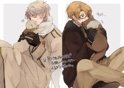Rule 34 | 2boys, ahoge, america (hetalia), animal, animal ears, animal nose, axis powers hetalia, back-to-back, black-framed eyewear, black gloves, black shoes, blonde hair, blue eyes, blush, border, brown cat, brown coat, brown fur, brown jacket, brown pants, cat, cat ears, cat tail, closed eyes, closed mouth, coat, collared coat, collared shirt, covered mouth, fur-trimmed jacket, fur trim, glasses, gloves, green necktie, grey background, grey cat, grey fur, grey hair, hands up, heart, hita (hitapita), holding, holding animal, jacket, long sleeves, looking at animal, male focus, medal, military jacket, military uniform, multiple boys, necktie, non-web source, open clothes, open jacket, outside border, pants, puffy long sleeves, puffy sleeves, russia (hetalia), scarf, semi-rimless eyewear, shirt, shoes, short hair, simple background, sitting, smile, star ornament, tail, translation request, white border, white scarf, white shirt
