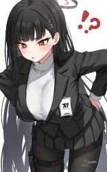 !? 1girl :o black_hair black_halo black_shirt black_skirt blue_archive blunt_bangs blush breasts bright_pupils hair_ornament hairclip halo hand_on_own_hip highres holster ikachan_(norach57) large_breasts long_hair multicolored_halo name_tag pantyhose pleated_skirt red_eyes red_halo rio_(blue_archive) shirt skirt solo sweater thigh_holster turtleneck turtleneck_sweater two-tone_halo very_long_hair white_pupils white_sweater