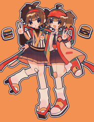 2girls :o absurdres arm_around_waist back_bow badge bandaid bandaid_on_knee bandaid_on_leg black_eyes black_necktie black_shorts black_sleeves blue_shirt blue_skirt bow brown_hair burger button_badge commentary detached_sleeves employee_uniform fast_food_uniform food geta hair_tie hat headband headset highres imadake_dabuchi_tabemi leg_up looking_at_viewer loose_socks mcdonald&#039;s miniskirt multiple_girls necktie okayu_(cwtv7823) open_mouth orange_background outline pleated_skirt red_hat red_headband red_shoes samurai_tamago_tabemi shirt shoes short_hair shorts side-by-side skirt smile sneakers socks standing standing_on_one_leg striped_clothes striped_shirt tasuki tie_clip topknot twintails v vertical-striped_clothes vertical-striped_shirt visor_cap white_outline white_shirt white_socks wristband yellow_happi