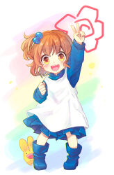 1girl arle_nadja arm_up blue_boots blue_shirt blue_skirt boots brown_eyes brown_hair carbuncle_(puyopuyo) child commentary_request drawn_flower dress full_body hair_bobbles hair_ornament kuroda_(kuro_yyy) looking_at_viewer madou_monogatari madou_monogatari_ars medium_hair open_mouth pleated_skirt puyopuyo shirt side_ponytail skirt smile standing teeth upper_teeth_only v white_dress