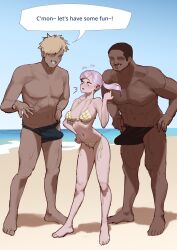 1girl 2boys absurdres beach bikini black_clover blush breasts bulge dark-skinned_male dark_skin english_text erection erection_under_clothes grey_hair highres imminent_penetration large_breasts looking_at_penis multiple_boys noelle_silva penis_awe purple_eyes size_difference speech_bubble swimsuit text_focus twintails wjs07