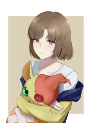 brown_eyes brown_hair digimon digimon_(creature) digimon_liberator green_eyes kinosaki_arisa shoemon smile