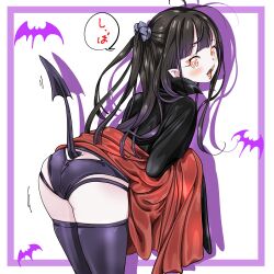 1girl armpits ass azuki-chan_(yozora) black_hair bow bowtie breasts cape commentary_request demon_tail fangs fingernails forked_tongue hair_ornament hair_scrunchie happy high_collar highres large_breasts leotard long_fingernails one_side_up original pale_skin pointy_ears red_eyes scrunchie slit_pupils smile solo tail thighhighs tongue vampire yozora
