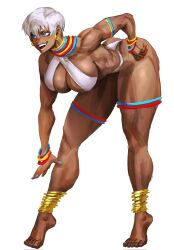 1girl ass blue_eyes breasts dark-skinned_female dark_skin elena_(street_fighter) huge_ass jewelry panties smile street_fighter thighs underwear white_hair white_panties