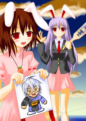 3girls ahoge animal_ears blazer blue_hair blush book brown_hair carrot carrot_necklace chibi crescent food glasses highres horns inaba_tewi jacket jewelry kite light_smile long_hair long_skirt looking_at_viewer miniskirt morichika_rinnosuke multicolored_hair multiple_girls necklace necktie open_mouth purple_hair rabbit_ears red_eyes reisen_udongein_inaba shirt short_hair single_horn skirt smile tokiko_(touhou) touhou two-tone_hair uddeyansu uniform vegetable very_long_hair white_hair white_shirt wings yellow_eyes
