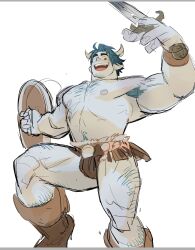 1boy alternate_muscle_size arm_hair armpit_hair armpit_hair_peek bara barley_lightfoot blue_hair blue_skin blush bulge chest_hair colored_skin dual_wielding excessive_armpit_hair facial_hair feet_out_of_frame goatee_stubble hairy highres holding holding_shield horikwawataru large_hands large_pectorals leg_hair looking_at_viewer male_focus muscular muscular_male navel navel_hair nipples onward pectorals pointy_ears sanpaku shield short_hair sketch solo standing strongman_waist stubble thick_eyebrows thick_neck thick_thighs thighs topless_male