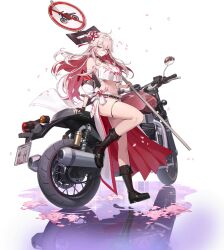 1girl armband arunka_(epic_seven) bad_link bare_shoulders black_armband boots boss_arunka_(epic_seven) braid brown_boots chest_sarashi choker coat colored_inner_hair crop_top crop_top_overhang crossed_bangs delinquent epic_seven fingerless_gloves flower flower_choker flower_tattoo fold-over_boots gloves hair_flower hair_ornament half-skirt highres holding_road_sign jewelry lace-up_boots long_hair long_skirt motor_vehicle motorcycle multicolored_hair o-ring o-ring_choker off_shoulder official_alternate_costume official_art open_clothes open_coat petals pink_flower pink_hair red_eyes red_hair reflection road_sign sarashi shirt sign skirt tattoo thighlet thighs transparent_background tsurime two-sided_fabric two-sided_skirt white_coat white_shirt white_skirt