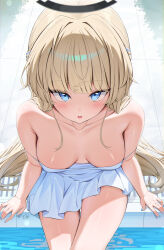 Rule 34 | 1girl, absurdres, alternate costume, arm support, blonde hair, blue archive, blue eyes, blush, breasts, collarbone, commentary request, double strap slip, dress, from above, halo, highres, long hair, looking at viewer, medium breasts, open mouth, poolside, rosumerii, sitting, solo, strapless, strapless dress, toki (blue archive), white dress