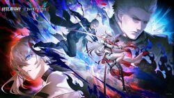 1boy 1girl alpha_(pgr) asymmetrical_legwear black_coat blue_eyes blue_fire broken_glass coat crossed_swords crossover devil_may_cry_(series) devil_may_cry_5 fighting_stance fire full_body glass hair_between_eyes heterochromia highres holding holding_sword holding_weapon lightning long_hair lucia:_crimson_weave_(pgr) official_art punishing:_gray_raven red_eyes sword vergil_(devil_may_cry) very_long_hair weapon white_coat white_hair yamato_(sword)