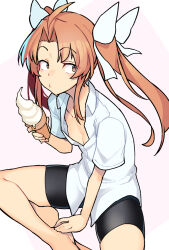1girl ahoge barefoot bike_shorts black_shorts blush breasts cleavage commentary_request dated feet_out_of_frame food hair_ribbon highres holding holding_food ice_cream ice_cream_cone indian_style kagerou_(kancolle) kagerou_kai_ni_(kancolle) kantai_collection long_hair orange_eyes orange_hair pink_background ribbon shirt short_shorts short_sleeves shorts sidelocks simple_background sitting small_breasts soft_serve solo taketora_suzume thighs twintails white_ribbon white_shirt wing_collar