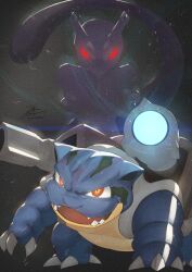 blastoise brown_eyes claws commentary_request fadingz fangs gen_1_pokemon glowing glowing_eyes highres legendary_pokemon mewtwo nintendo no_humans open_mouth pokemon pokemon:_the_first_movie_-_mewtwo_strikes_back pokemon_(anime) pokemon_(classic_anime) pokemon_(creature) red_eyes signature