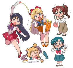 Rule 34 | 5girls, aino minako, bishoujo senshi sailor moon, black hair, blonde hair, blue bow, blue bowtie, blue hair, blue sailor collar, blue skirt, bow, bowtie, brown hair, circlet, double bun, earrings, elbow gloves, excited, fire, glasses, gloves, green eyes, hair bobbles, hair bow, hair bun, hair ornament, high heels, high ponytail, highres, hino rei, holding ofuda, jewelry, juuban middle school uniform, kino makoto, kino makoto&#039;s school uniform, leaning forward, long hair, long skirt, looking at viewer, magical girl, miniskirt, mizuno ami, multiple girls, ofuda, open mouth, orange sailor collar, orange skirt, ponytail, purple bow, purple bowtie, purple eyes, red bow, red bowtie, red sailor collar, red shoes, red skirt, sailor collar, sailor mars, sailor senshi, sailor senshi uniform, sailor venus, school uniform, serafuku, shirt, shoes, short hair, simple background, skirt, sleeping, tsubobot, tsukino usagi, twintails, white background, white gloves, white shirt