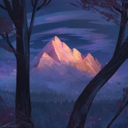artist_name cloud cloudy_sky fog forest landscape mountain nature no_humans original outdoors purple_theme scenery signature sky sunrise swirl tree zandra