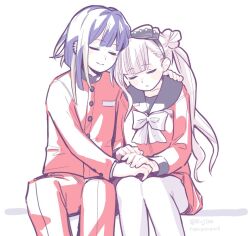 1boy 1girl :o black_bow black_hairband black_sailor_collar bow bow_hairband closed_eyes commentary_request ear_piercing gakuran hairband hand_on_another&#039;s_hand jacket long_hair mei_guchuan pants parted_lips piercing pink_hair pleated_skirt purple_hair red_jacket red_pants red_serafuku red_shirt red_skirt ribbon sailor_collar school_uniform serafuku shirt short_hair siblings simple_background sitting skirt sleeping smile the_hundred_line_-last_defense_academy- tsukumo_ima tsukumo_kako twins twitter_username white_background white_ribbon