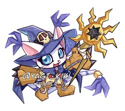 blue_eyes blue_hat brown_gloves cat cosplay digimon digimon_(creature) digimon_adventure full_body gloves hat highres holding holding_staff simple_background staff tailmon white_background wizarmon wizarmon_(cosplay) yagi_kiki