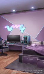 Rule 34 | bed, bedroom, blanket, ceiling light, chair, computer, computer keyboard, computer mouse, copyright notice, cpu, desk, drawer, gaming chair, headphones, highres, idols of starlight, indoors, neon lights, no humans, official art, ono tomohiro, pillow, rug, scenery, speaker, stuffed animal, stuffed cat, stuffed toy, swivel chair, unworn headphones, wooden floor
