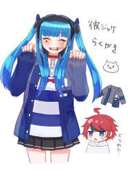 1boy 1girl alternate_costume amemiya_darumi black_hair black_skirt blue_eyes blue_hair blush bow closed_eyes collar ear_piercing face_piercing grey_jacket hands_up highres hood hoodie jacket lip_piercing makeup multicolored_hair open_mouth piercing pleated_skirt red_bow red_collar red_hair runny_makeup safety_pin shirt skirt striped_clothes striped_shirt sumino_takumi the_hundred_line_-last_defense_academy- twintails upper_body white_background white_hoodie