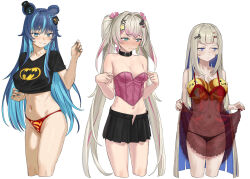3girls agemmata amanogawa_shiina animal_ears bare_shoulders batman_symbol bear_ears bear_girl bee black_panties blonde_hair blue_eyes blue_hair blue_nails blush bow bra breast_conscious breast_padding breasts bug cleavage colored_inner_hair commentary earrings english_commentary fujikura_uruka hair_bow hair_ornament hairclip highres insect jewelry large_breasts lightning_bolt_earrings lightning_bolt_symbol lingerie long_hair looking_at_viewer medium_breasts multicolored_hair multiple_girls nail_polish navel negligee panties partially_visible_vulva phase_connect pink_hair purple_eyes red_nails red_negligee red_panties rinkou_ashelia scissors_hair_ornament see-through_clothes shirt simple_background skirt skirt_hold smile starry_hair streaked_hair stuffed_bee stuffed_toy superman_logo thighs thong twintails two-tone_hair unbuttoned underwear very_long_hair virtual_youtuber white_bow