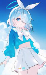 1girl absurdres arona_(blue_archive) blue_archive blue_hair blue_halo blue_shirt blue_sky blush bow_hairband braid choker colored_inner_hair hair_over_one_eye hairband halo heart heart_halo highres long_sleeves looking_at_viewer midriff multicolored_hair navel neckerchief outdoors sailor_collar school_uniform shirt short_hair single_braid skirt sky smile solo usagi_(786113654) white_choker white_hairband white_neckerchief white_sailor_collar white_skirt