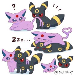 Rule 34 | ..., ?, biting another&#039;s tail, black eyes, blush, closed mouth, colored sclera, commentary, espeon, forked tail, gen 2 pokemon, highres, nintendo, no humans, one eye closed, pokemon, pokemon (creature), pup pokemon, purple eyes, red sclera, simple background, sitting, smile, symbol-only commentary, tail, twitter username, umbreon, white background, zzz