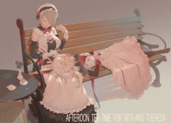 Rule 34 | 2girls, animal ears, apron, bad id, bad pixiv id, bench, benghuai xueyuan, black dress, black sleeves, boots, breasts, character name, cleavage, cleavage cutout, closed eyes, closed mouth, clothing cutout, cup, dress, english text, flower, fox ears, frilled apron, frills, full body, gloves, hair over one eye, honkai (series), lap pillow, large breasts, long hair, maid, maid apron, meichu, multiple girls, on bench, open mouth, pink flower, pink hair, pink rose, rita rossweisse, rose, short hair, sitting, sleeping, smile, table, teacup, teapot, theresa apocalypse, theresa apocalypse (sakuno rondo), thigh boots, vase, white apron, white dress, white gloves, wrist cuffs