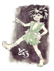 1girl black_hair dororo_(character) dororo_(tezuka) flat_chest full_body index_finger_raised japanese_clothes looking_at_viewer open_mouth ponytail reverse_trap short_hair solo tabi torn_clothes torn_sleeves translation_request walking yuza