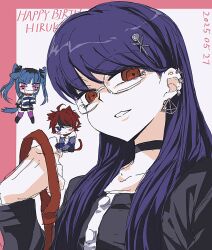 1boy 2025 2girls ahoge amemiya_darumi animal_ears black_hair blue_eyes blue_hair blush border cat_ears cat_tail character_name chibi collar collarbone dated dog_ears dog_tail ear_piercing earrings eyebrows glasses hand_up happy_birthday highres holding holding_collar jewelry long_hair long_sleeves looking_at_viewer messy_hair multiple_girls open_mouth piercing pink_border pink_eyes pink_thighhighs purple_hair red_eyes red_hair shirt shizuhara_hiruko striped_clothes striped_shirt sumino_takumi tail the_hundred_line_-last_defense_academy- thighhighs twintails white_background