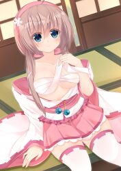 1girl absurdres adapted_costume ahoge architecture bandages blue_eyes blush bow breasts brown_hair chest_sarashi cleavage closed_mouth collarbone colored_eyelashes commentary_request cowboy_shot east_asian_architecture eyes_visible_through_hair flower frilled_skirt frills hair_between_eyes hair_bow hair_flower hair_ornament hairband hand_up highres holding_bandages indoors japanese_clothes kimono large_breasts long_hair long_sleeves looking_at_viewer miniskirt misu_t_(ccc) nontraditional_miko open_clothes open_kimono pink_bow pink_hairband pink_skirt pleated_skirt ribbon-trimmed_sleeves ribbon_trim sanoba_witch sarashi shiiba_tsumugi sidelocks sitting skirt smile solo split_mouth tareme tatami thighhighs white_flower white_kimono white_thighhighs wide_sleeves zettai_ryouiki