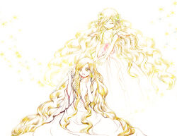 1boy 1girl androgynous blonde_hair braid commentary_request dress green_eyes long_dress long_hair magi_the_labyrinth_of_magic mole mole_under_eye mother_and_son robe scheherazade_(magi) side_braid sunsetavolcano titus_alexius very_long_hair wavy_hair white_dress white_robe